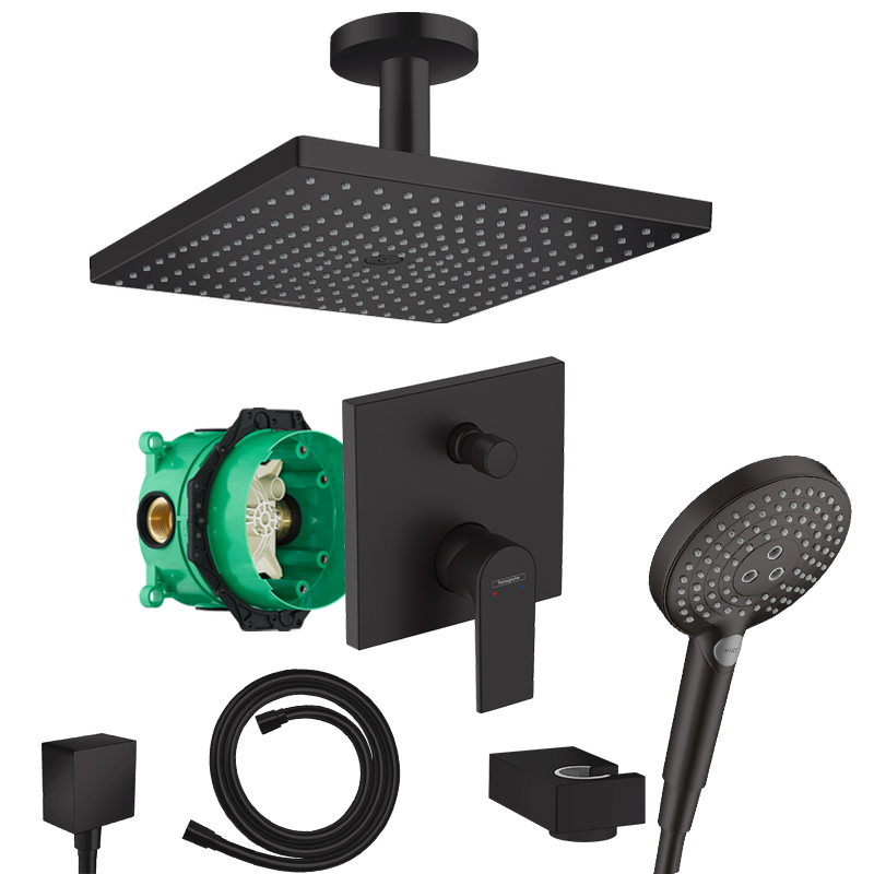 Hansgrohe Vernis Shape Unterputz Duschsystem schwarz matt Kopfbrause Raindance E300 Deckenanschluss und iBox