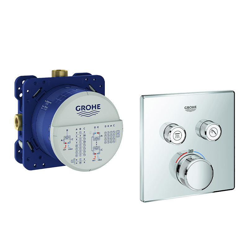 Grohe Grohtherm SmartControl Thermostat Fertigmontageset mit 2 Absperrventilen, eckige Ausführung Set mit Grundkörper