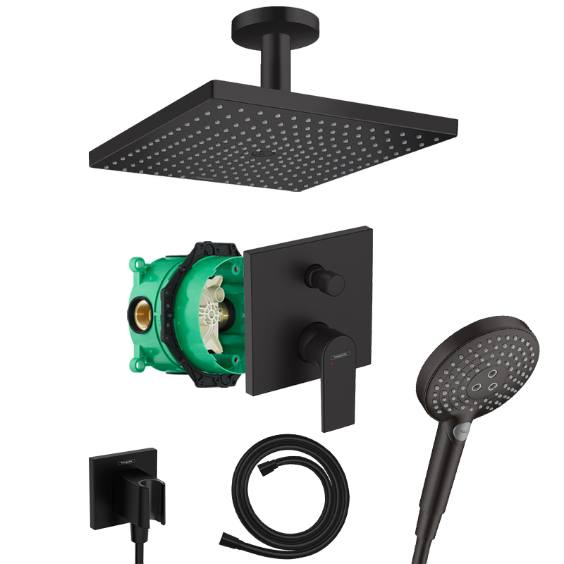 Hansgrohe Vernis Shape Duschsystem Unterputz schwarz matt Kopfbrause Raindance E300 Deckenanschluss und iBox